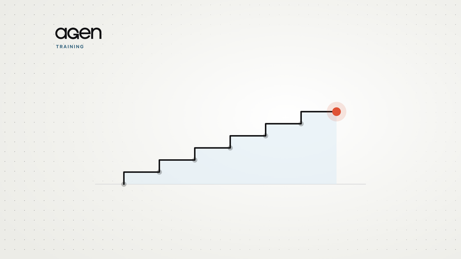 A line drawing of a six-flight staircase with a coral marker at the top step.