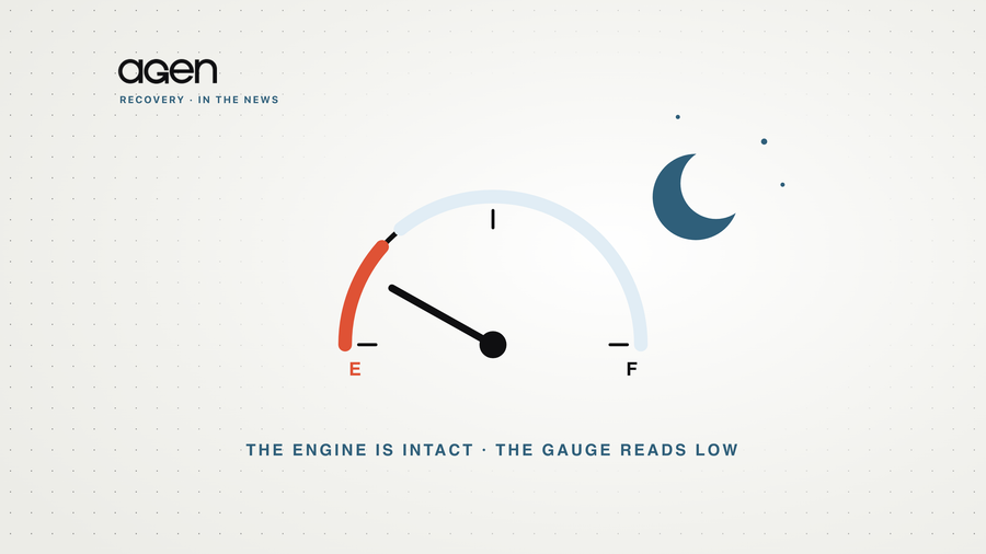 A fuel gauge with its needle near empty beside a crescent moon