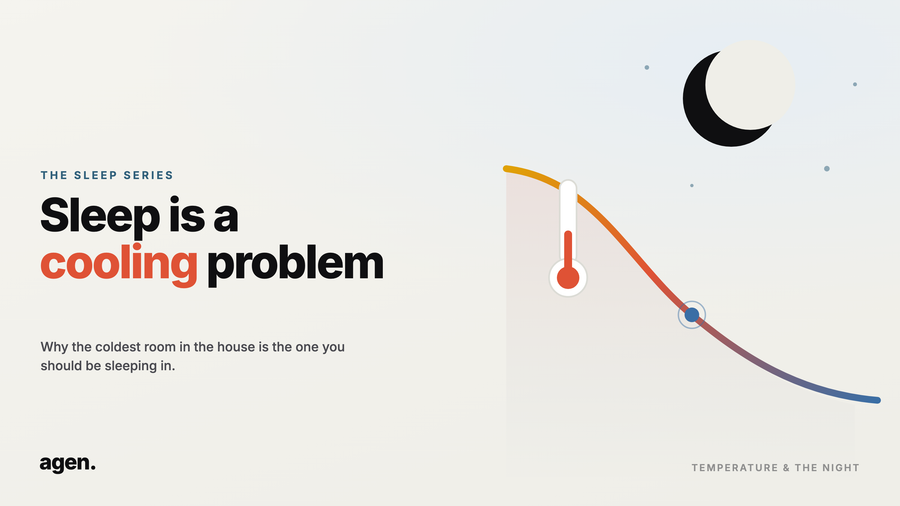 An abstract cover for the Agen sleep series: a temperature curve falling from warm orange to cool blue beneath a crescent moon, with a thermometer, titled 'Sleep is a cooling problem'.