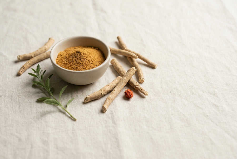 Dried ashwagandha root and ochre powder in a ceramic bowl on cream linen