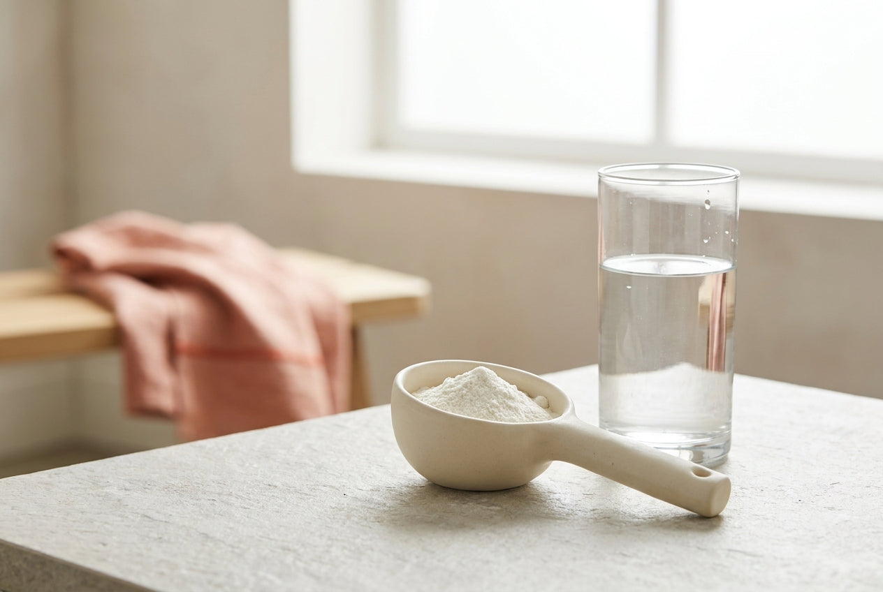 Ceramic scoop of creatine powder beside a glass of water in soft morning light