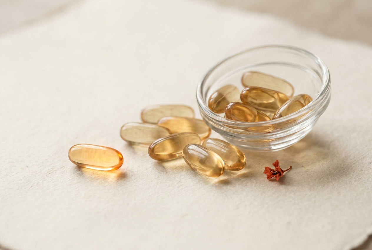 Golden omega-3 softgel capsules clustered on a warm cream surface