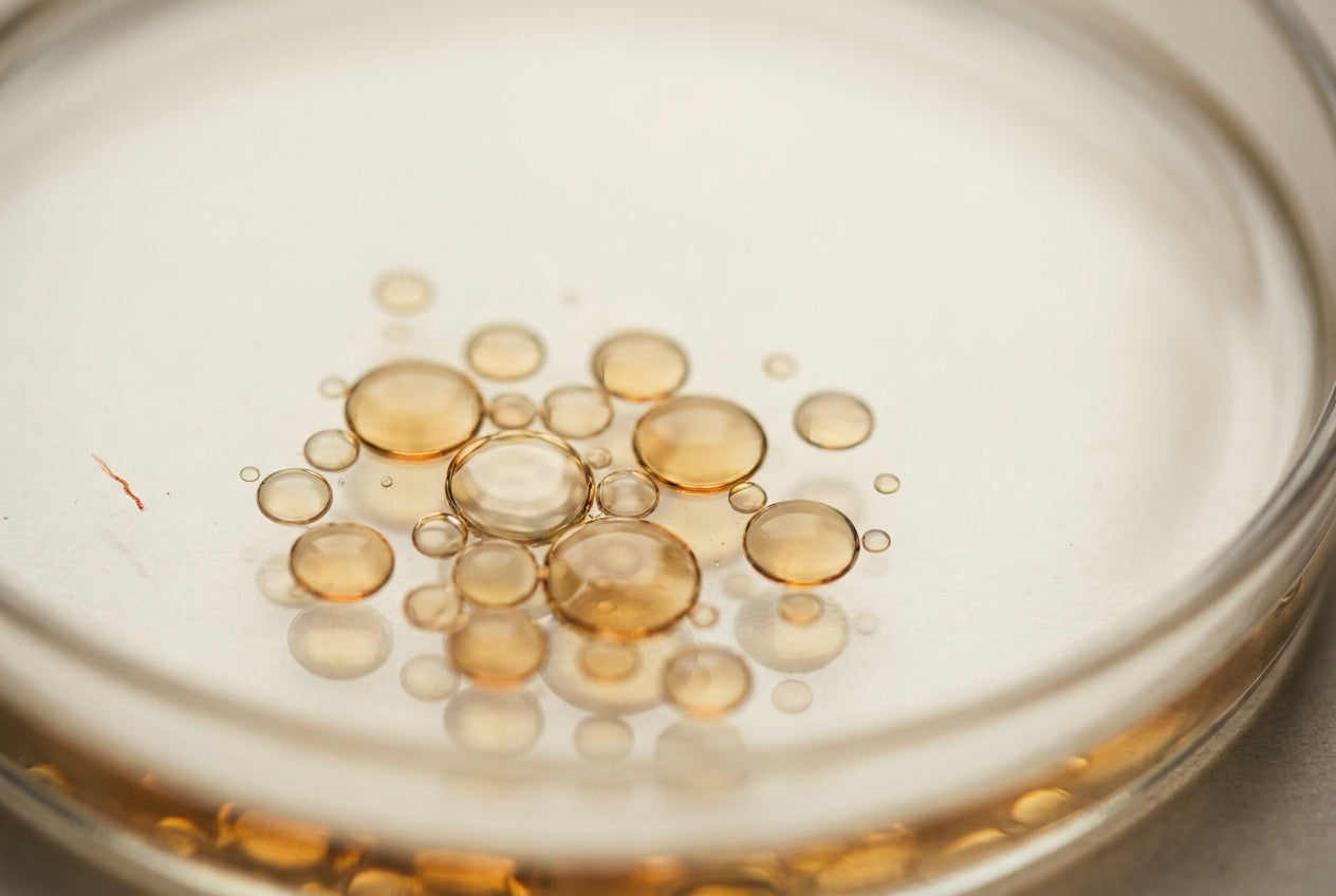 Macro photograph of golden lipid spheres suspended in clear liquid