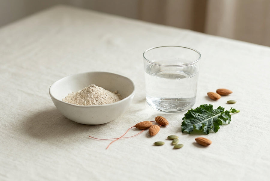 Bowl of magnesium powder with water, almonds, pumpkin seeds and leafy greens on cream linen