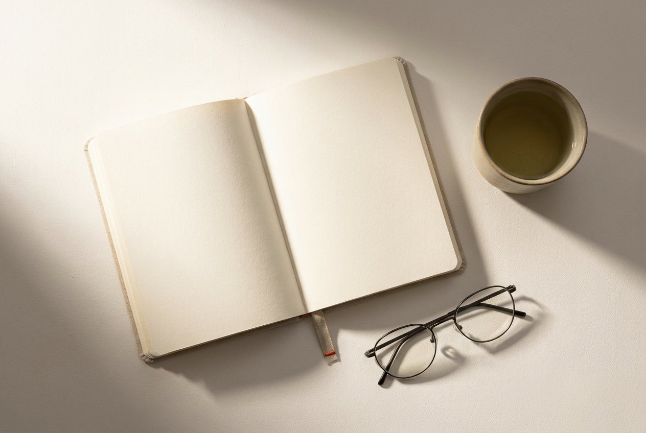 Minimal desk with open notebook and green tea in soft morning light, seen from above