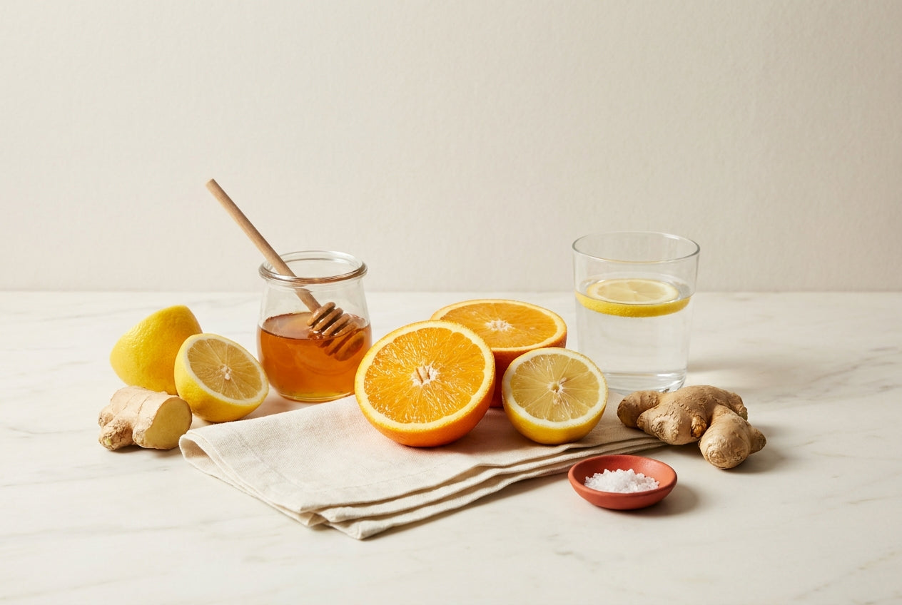 Halved citrus, ginger root and honey on cream marble in fresh daylight