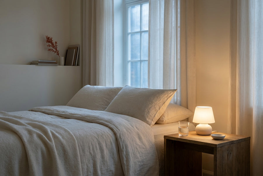 Calm bedroom at dusk with warm bedside light, water glass on the nightstand