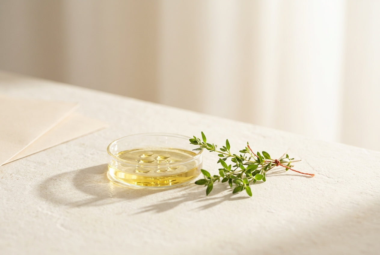 Morning sunlight over a glass dish of golden vitamin D droplets and a green sprig