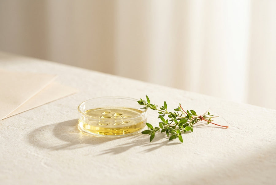 Morning sunlight over a glass dish of golden vitamin D droplets and a green sprig