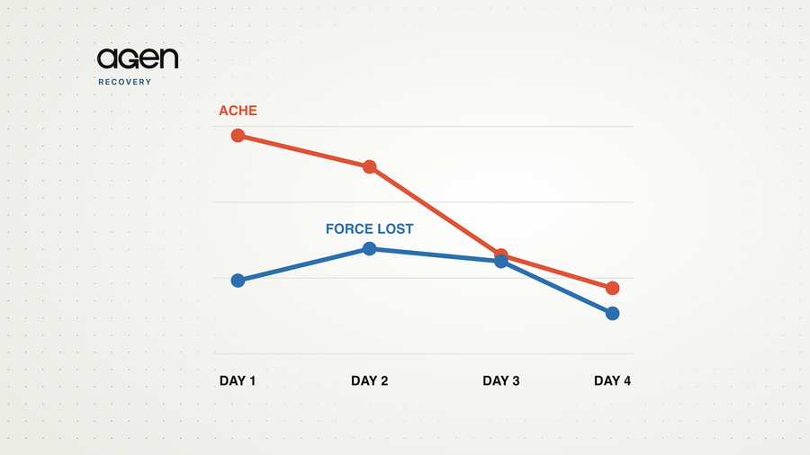 Two lines over four days: the ache peaking on day one and fading, and the loss of maximal force bottoming out on day two.