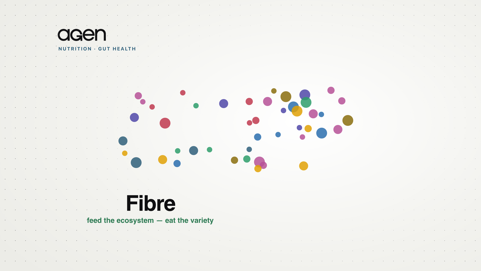 A scatter of varied coloured dots representing a diverse gut microbiome fed by dietary fibre.
