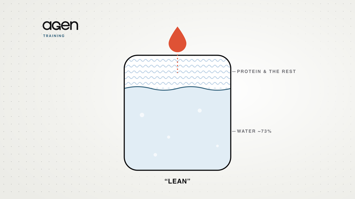 A container labelled lean, mostly filled with water, with a coral droplet falling in