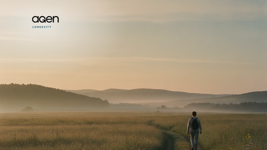 A lone person walking a path through a misty meadow at dawn under a wide soft sky, with the Agen logo and the word Longevity.
