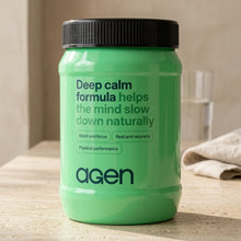 Agen Deep Calm Formula jar on a travertine counter in soft morning light