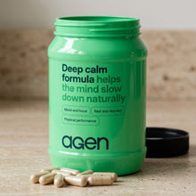 Agen Deep Calm Formula — open jar with capsules on a stone counter