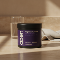 Agen Magnesium Powder tub on a travertine counter in soft morning light