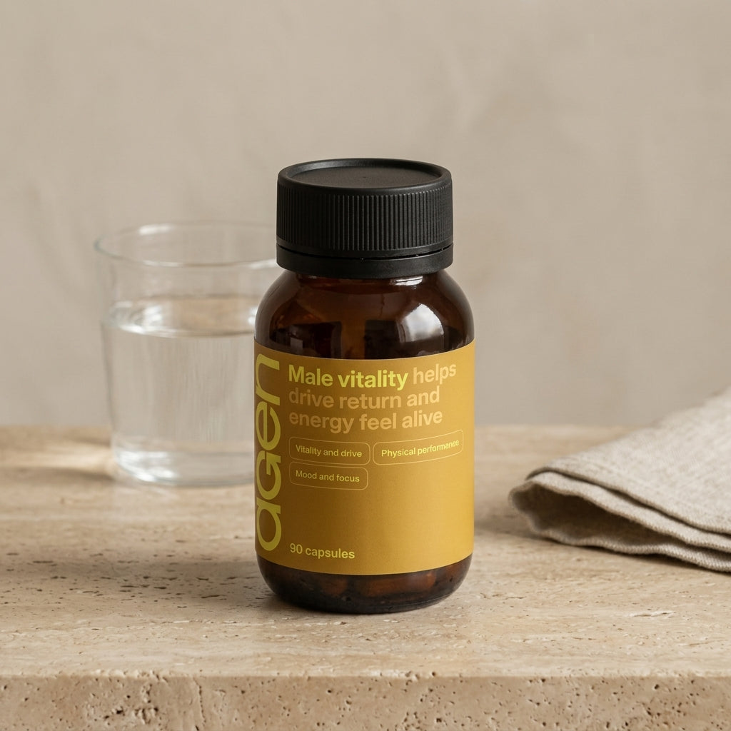 Agen Male Vitality bottle on a travertine counter in soft morning light