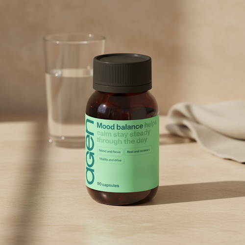 Agen Mood Balance bottle on a travertine counter in soft morning light