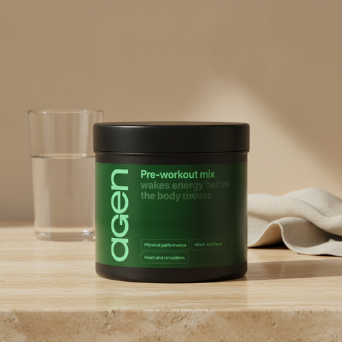 Agen Pre-Workout Mix Powder tub on a travertine counter in soft morning light
