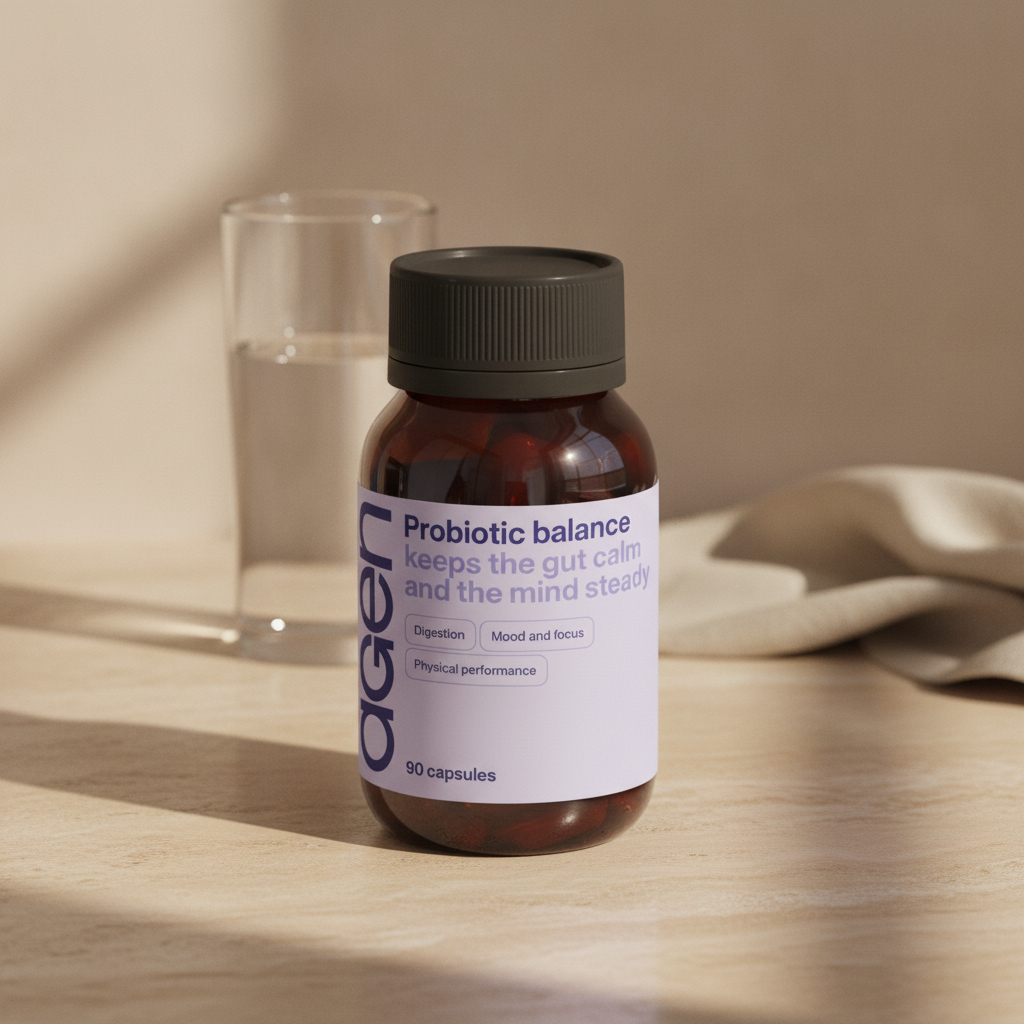 Agen Probiotic Balance bottle on a travertine counter in soft morning light
