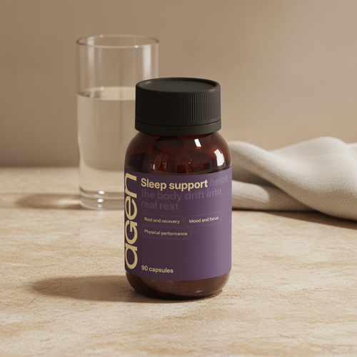 Agen Sleep Support bottle on a travertine counter in soft morning light