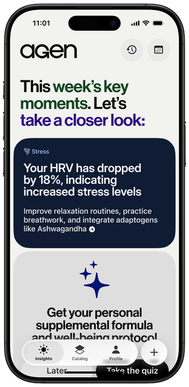 The Agen app showing a personalised longevity plan