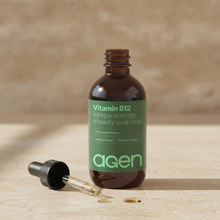 Agen Vitamin B-12 — open bottle with dropper on a stone counter