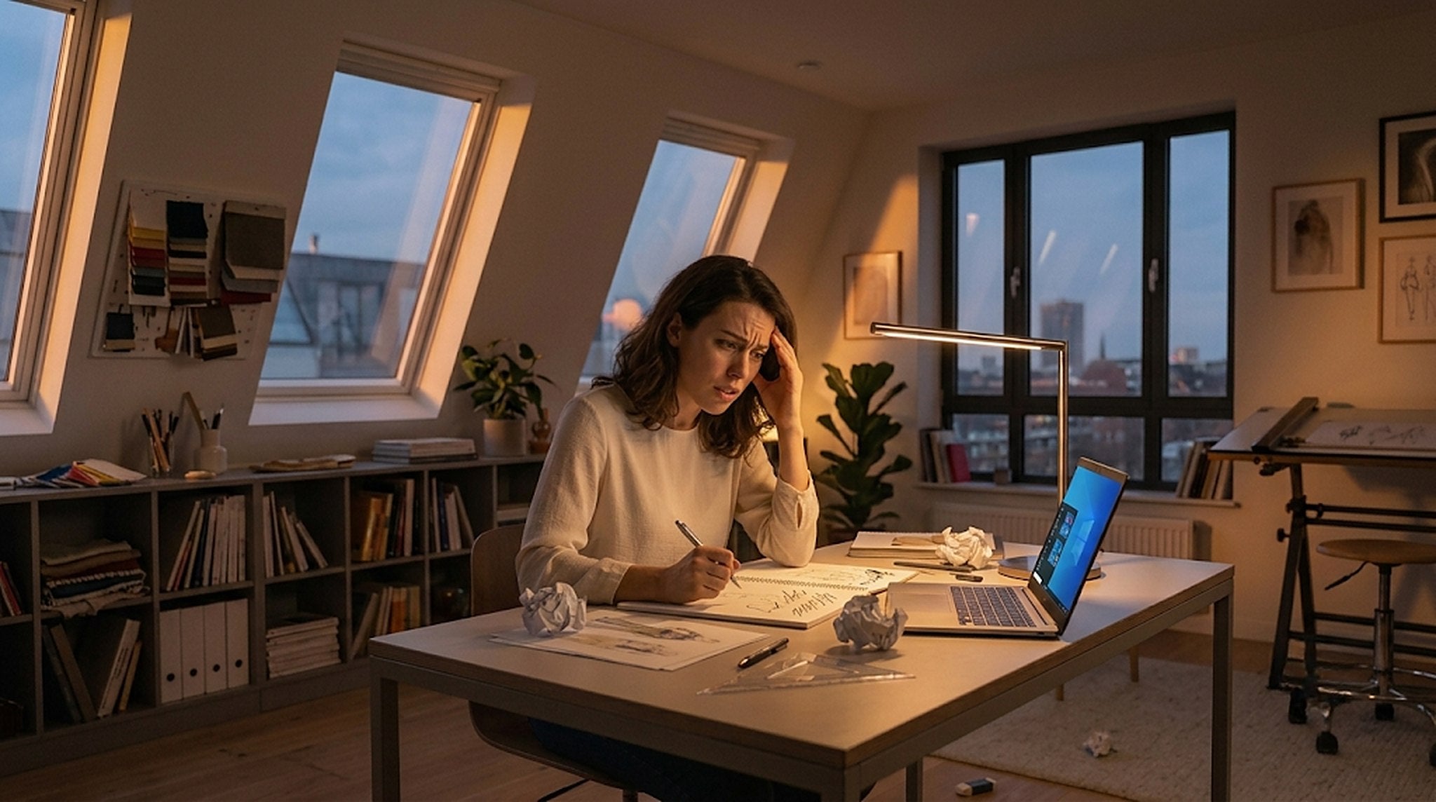 Overwhelmed at a desk in the evening — crumpled pages, hand on head