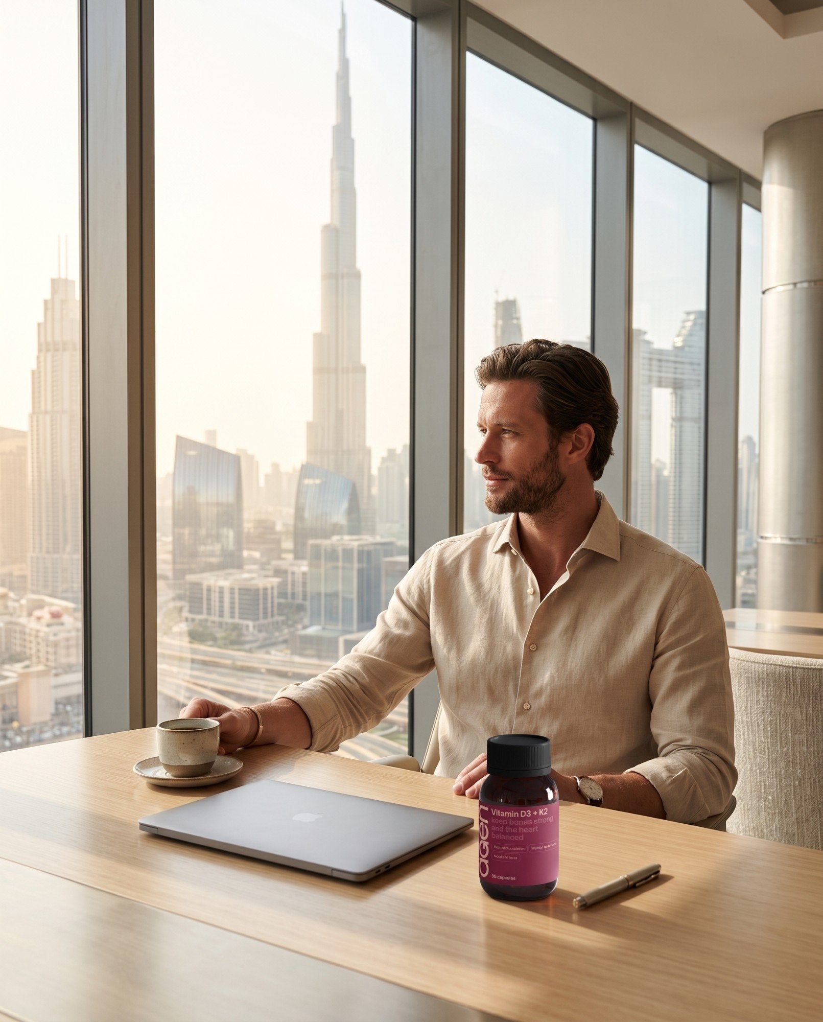 At the desk before sunrise reaches it — the same office, dim and grey