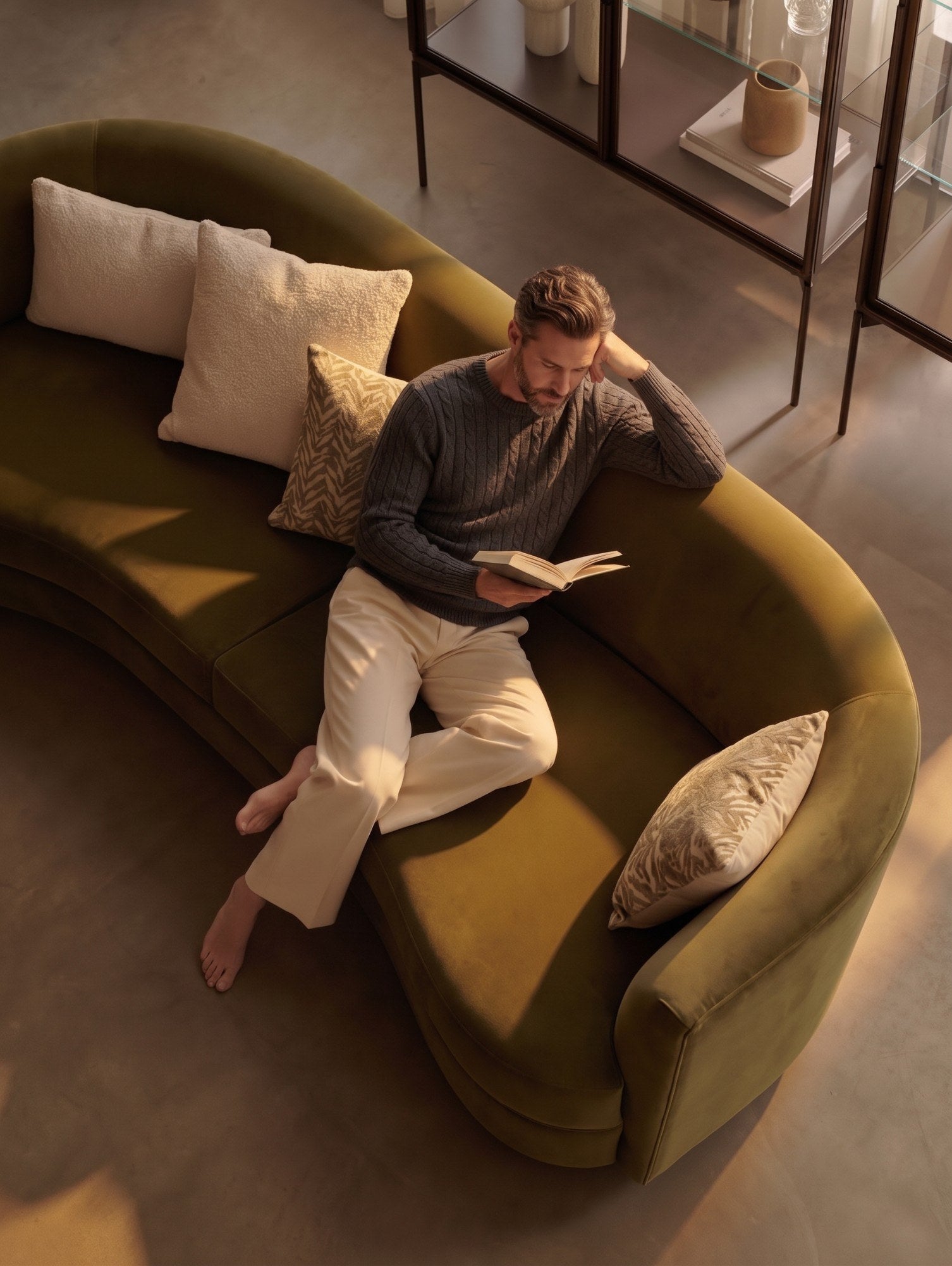 Man reading on an olive velvet sofa in afternoon light