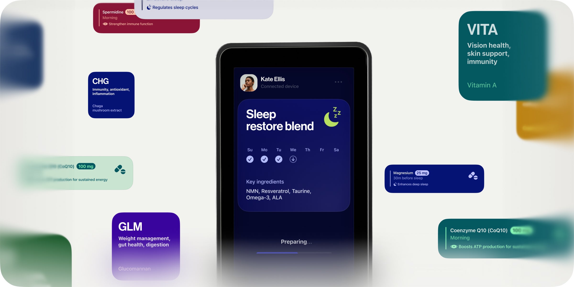 The Robot's touchscreen preparing a Sleep restore blend, surrounded by ingredient cards